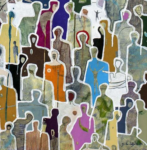 Collage With Painting, Abstract Art Of People, Contemporary Art Collage, People Artwork, Abstract Human Art, A Lot Of People, Four Paintings Together, Abstract Collage Painting, People Abstract Painting