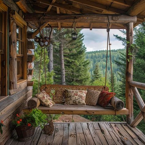 Cozy cabin swing surrounded by nature, perfect for relaxation and unwinding. Cabin With Sunroom, Cabin Veranda, Porch Swing Aesthetic, Cabin Front Porch Ideas, Cabin Wrap Around Porch, Tower Cabin, Cabin With Porch, Rustic Cabin Exterior, Cabin Front Porch