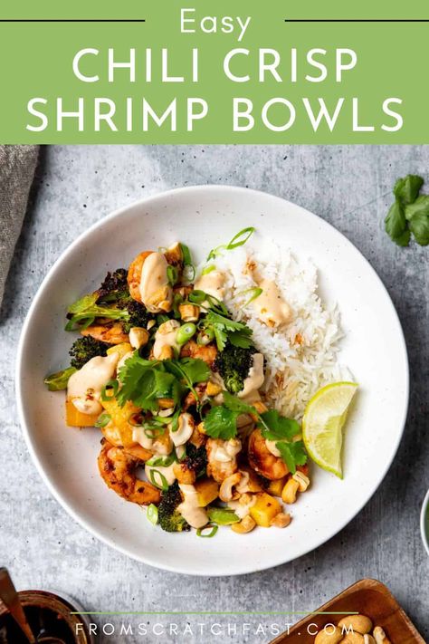 These Chili Crisp Shrimp Bowls feature spiced, succulent shrimp, crispy roasted broccoli, tender butternut squash, and a creamy chili crisp sauce. It’s an easy, one-pan dinner with incredible flavor. Chili Crisp Shrimp, Chili Crisp Noodles, Creamy Chili, Shrimp Bowls, Chili Shrimp, Chili Crisp, One Pan Dinner, Easy Chili, Fast Recipes