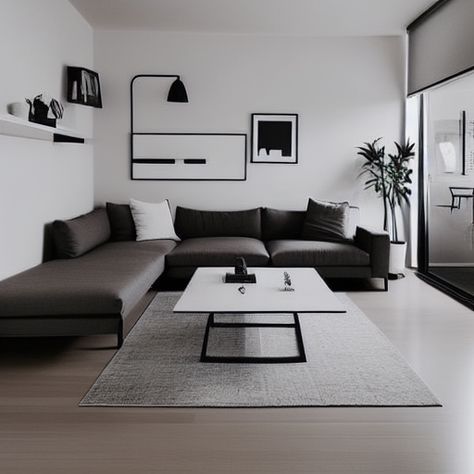 This is a minimalist living room generated by AI. Mans Apartment Living Room, Black And White Condo Interior, Minimalist Living Room Men, Male Living Room Ideas Apartment, Men House Decor Ideas Living Room, Black And White Minimalist Living Room, Interior Design Living Room Dark, Men’s Living Room Ideas, Male Apartment Decor Living Room