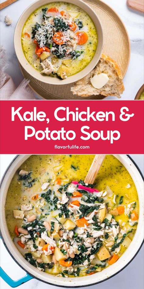 This kale soup recipe is a hearty soup. This tender kale soup with chicken is the best kale potato soup ever. It’s the best kale soup for a healthy soup packed with protein. Perfect comfort food, this one pot dish makes for an easy dinner any night of the week. Chicken Potato Kale Soup, Soups With Kale In It, Recipes With Kale Easy, Kale Soup Crockpot, Soup With Kale Recipes, Recipes Using Kale, Kale Chicken Soup, Healthy Chicken Soup Recipes, Kale And Potato Soup