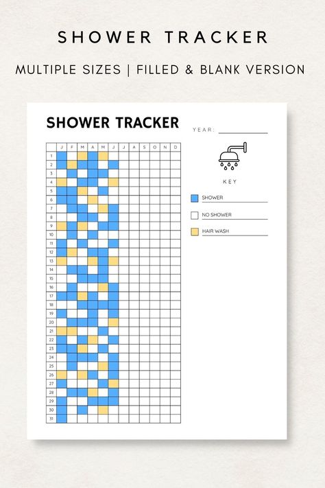 Shower Tracker, Yearly Tracker, Bullet Journal, Planner Template, Printable, Hair wash Tracker Daily Diary Ideas, Daily Tracker Bullet Journal, Yearly Tracker Bullet Journal, Year Planner Ideas, Shower Tracker, Trackers For Bullet Journal, Diary Tracker, Trackers Ideas, Empty Diary