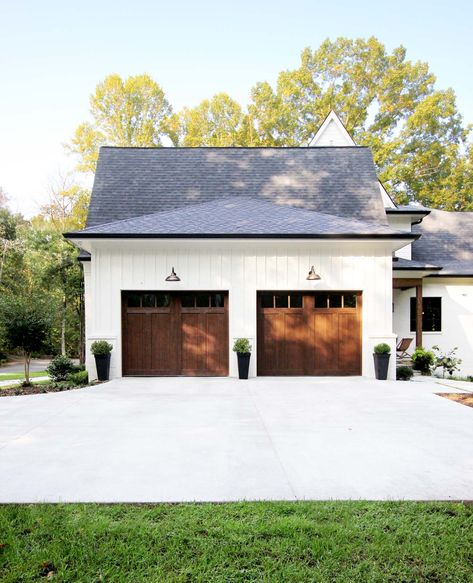 Benefits of a Concrete Driveway and How Much It Costs - Plank and Pillow Driveway Concrete, Plank And Pillow, Wood Garage, Farmhouse Garage, Garage Addition, Garage Exterior, Driveway Entrance, Wood Garage Doors, Driveway Design