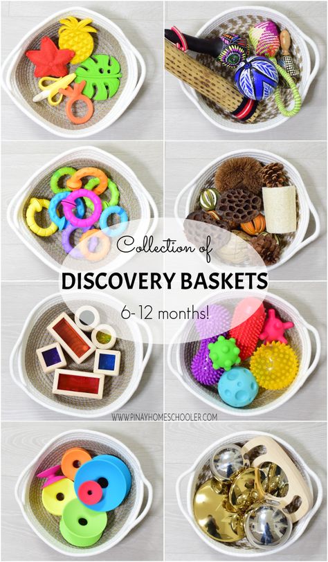 Sensory Bin 6-12 Months, Montessori Discovery Basket, 6 Months Montessori Activities, 6-12 Month Sensory Activities, 6 Month Old Art Projects, Montessori Treasure Basket, Sensory Bin 8 Month Old, Diy Montessori Toys 3-6 Months, Diy Sensory Toys For 7 Month Old