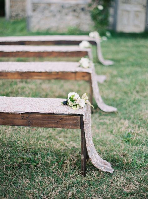 Bench Wedding Seating Outdoor Ceremony, Outdoor Wedding Bench Decor, Benches At Wedding Ceremony, Isle Decorations Wedding Benches, End Of Bench Decor Wedding, Bench Decor Wedding, Outdoor Wedding Benches, Benches For Wedding Ceremony, Isle Markers For Wedding