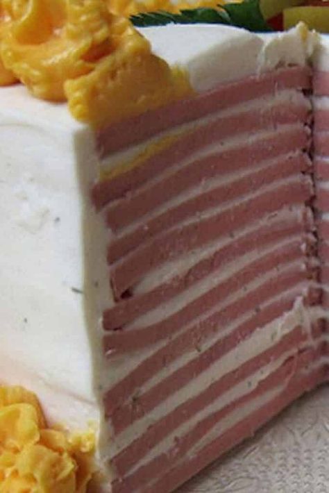 How to Make Baloney Cake (Bologna Cake) - Half-Scratched Bologna Cake, 1950s Food, Chips Dip, Las Vegas Food, Vegas Food, Pork N Beans, Cheesecake Dip, Meat Appetizers, Sweet Home Alabama