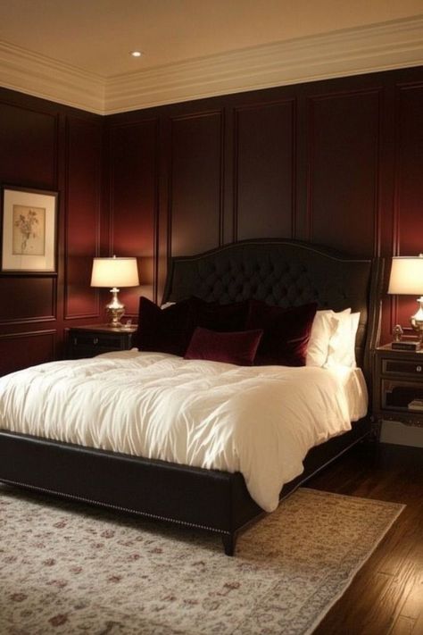 Dark Panelled Bedroom, Dark Maroon Bedroom, Maroon Walls Bedroom, Maroon Wall Bedroom, Maroon Bedroom, Wood Furniture Bedroom Decor, Bedroom Aesthetic Dark, Burgundy Room, Moody Bedroom Decor