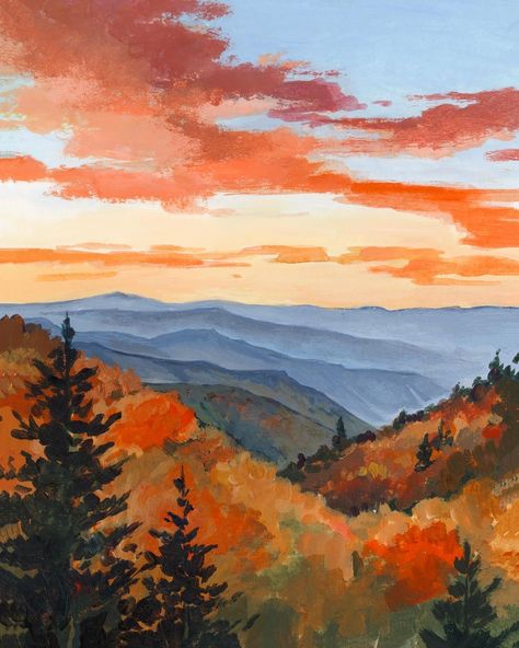 Paige Payne - watercolor and acrylic artist | The National Park Collection is here 🫶🏼 honestly, this collection has been the biggest joy for me to paint. I don’t paint landscapes a ton... | Instagram Watercolor Paint Landscape, Fall Mountain Painting Acrylic, Fall Mountain Painting Easy, Fall Mountains Painting, Landscape Paintings Impressionist, Something In The Orange Painting, Easy Autumn Painting Ideas, Autumn Sky Painting, Painting Inspo Landscape