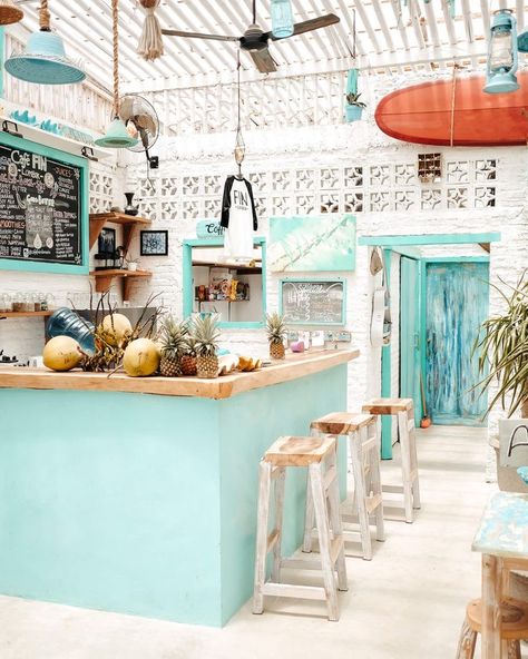 Colourful Cafe Interior Design, Seaside Cafe Design, Beach Coffee Bar, Beach Themed Coffee Shop, Ocean Coffee Shop, Surf Cafe Design, Beachy Coffee Shop, Beach Shop Design, Beach Cafe Interior