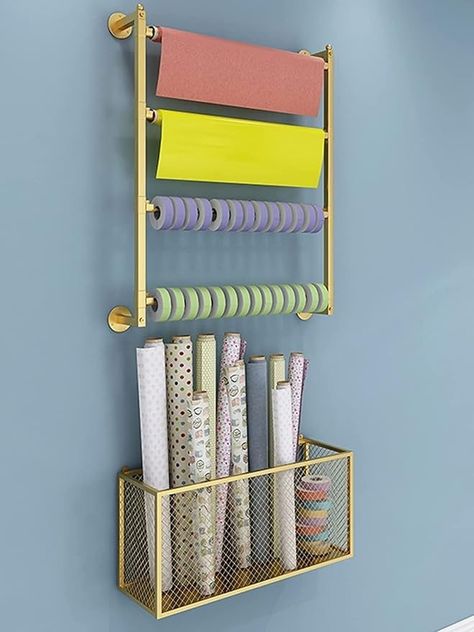 Craft Ribbon Storage, Wrapping Paper Holder, Ribbon Organizer, Gift Shop Interiors, Wrapping Paper Organization, Ribbon Organization, Gift Wrap Storage, Ribbon Storage, Organization Station