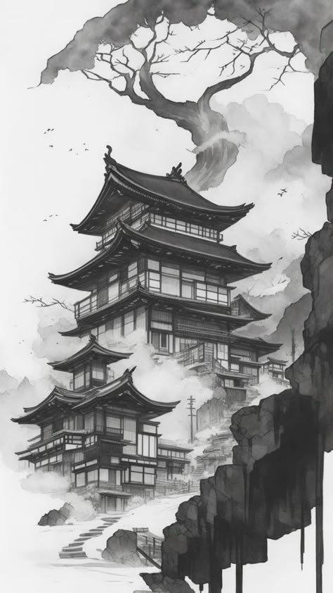 Japanese Landscape Tattoo Design, Japan Temple Tattoo, Japanese Torii Gate Tattoo, Japanese Castle Tattoo, Japan Landscape Drawing, Feminine Tattoos Back, Japanese Pagoda Drawing, Japanese House Tattoo, Japanese Tower Tattoo