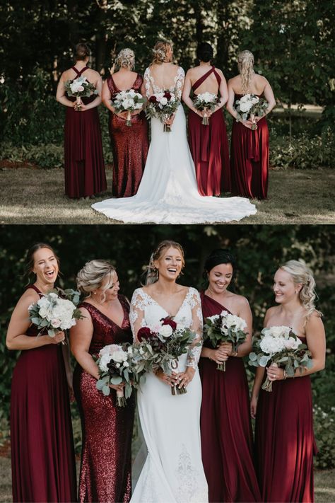 2022 Wedding Colors Bridesmaid Dress, Bridesmaid Dresses Red And Gold, Bridesmaids In Burgundy, Winter Mixed Bridesmaid Dresses, Wine Red Bridesmaid Dress, Mismatch Red Bridesmaid Dresses, Burgundy Bridesmaid Dresses With White Flowers, Burgundy Red Wedding Dress, Bridesmaid Maroon Dress