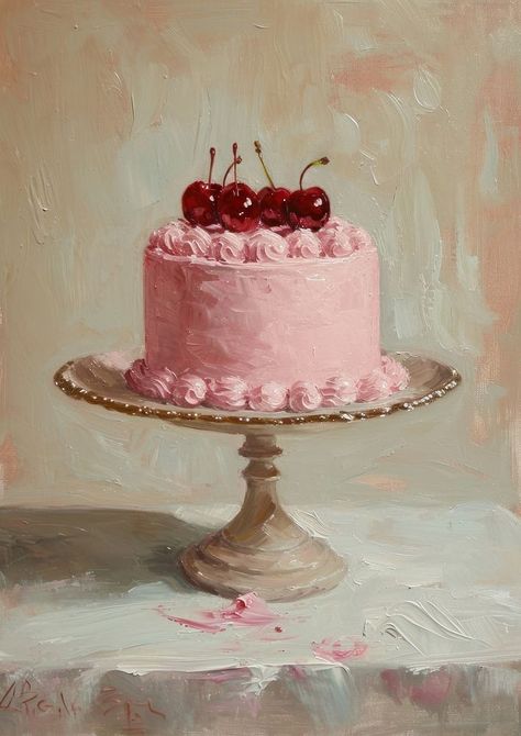 Coquette Cake, Romantic Poster, Cherry Wall Art, Birthday Cake Aesthetic, Birthday Cake Illustration, Cake Cherry, Aesthetic Fruit, Dessert Illustration, Cake Drawing