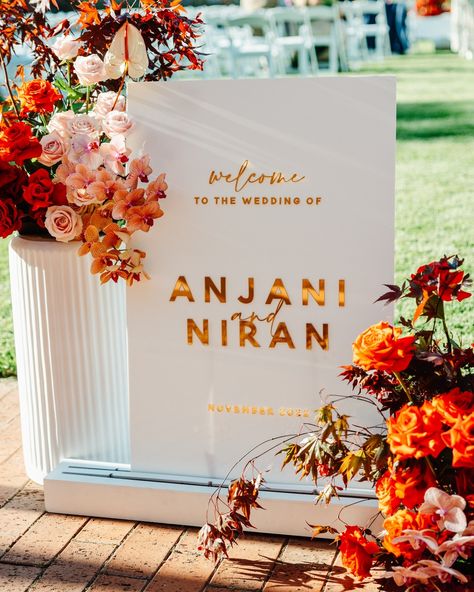 Anjani & Niran’s welcome sign – a testament to classic, simple design that stands out 🧡 Paired perfectly with @angelikblossoms florals, the layered acrylic has its own shining moment ✨ Planning your big day? We’re taking bookings for 2025 dates now! Reach out to tell us about your love story & your wedding stationery needs via the link in bio! Stylist @thestylistsguide_ 📸 @visual_domain #madebyjdesigns #weddinginspo #weddinginvite #weddinginvitation #weddinginviteinspo #graphicdesign #... Sunset Wedding Theme, Wedding Welcome Sign Acrylic, Orange Wedding Decorations, Burnt Orange Weddings, Welcome Boards, Sunset Wedding, Wedding Welcome Sign, Orange Wedding, Wedding Welcome Signs