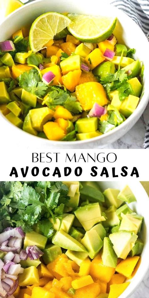 This easy Mango Avocado Salsa recipe is so flavorful, with its juicy ripe mango, creamy avocado, sharp onion, zesty lime, and herby cilantro. It is the perfect taco or burger topping. Cookout Recipes, Cooking Avocado, Mango Salsa Recipes, Mango Avocado Salsa, Healthy Sauces, Side Order, Salsa Recipes, Mango Avocado, Summer Cookout