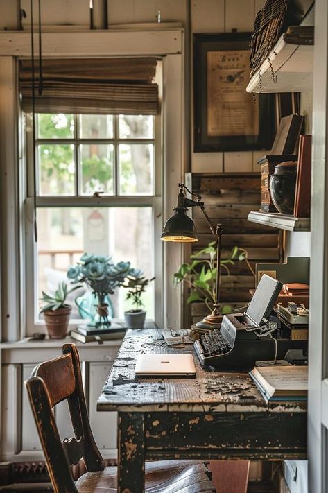 Herbalist Office Ideas, Vintage Cottage Office, Rustic Office Interior Design, Small Cozy Home Office Ideas, French Farmhouse Office, Dark Wood Desk Aesthetic, Mini Office Ideas Workspaces, Writer Apartment, Cottage Office Ideas