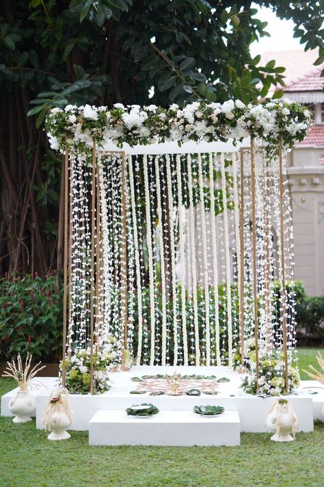 Outdoor poruwa decoration done with pichchamal flowers & green leaves Outdoor Poruwa, Ceremony Decorations Outdoor, Rose Gold Wedding Decor, Wedding Hall Decorations, Tropical Beach Wedding, Green Themed Wedding, Mandap Decor, Luxury Wedding Decor, Wedding Backdrop Design