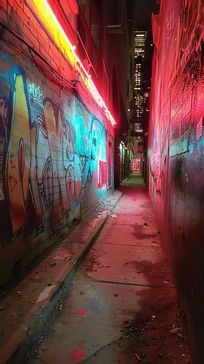 A narrow alleyway bathed in neon light showcases vibrant graffiti art on its gritty walls. Glow In The Dark Graffiti, Neon Street Photography, Alleyway Aesthetic, Grunge City, Dark Alleyway, Neon Graffiti, Jesus Book, Music Cartoon, Slasher Film