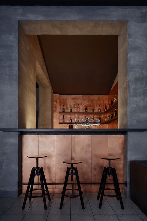 Copper Bar | Wallpaper* Copper Bar Top, Stone Paint, Casa Cook, Architecture Restaurant, Modern Home Bar, Bar A Vin, Copper Bar, Mid Century Bar, Showroom Design