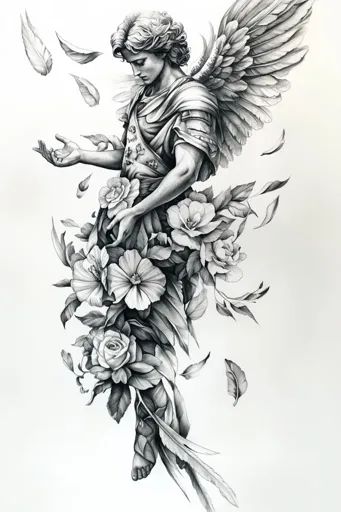 ↑↑↑ Larger size on website 🔸 The image is a detailed pencil drawing of an angel with wings, standing in a garden of flowers. The Angel Pencil Drawings, Male Angel Drawing, Male With Long Hair, Drawing Of An Angel, Ethereal Angel, Angel With Wings, Serious Expression, Garden Of Flowers, Male Angel