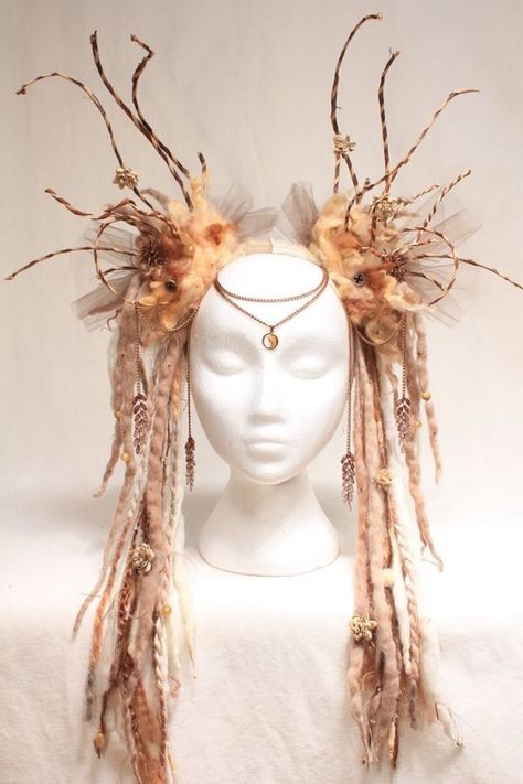 Ok Colored Dreads, Flowers And Feathers, Flower Headdress, Woodland Fairy, Fantasy Costumes, Soft Beige, Fairy Princesses, Fairy Costume, Ostrich Feathers