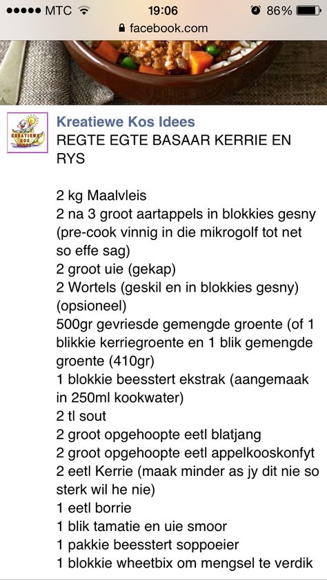 Basaar Kerrie En Rys, Cheap South African Meals, Vleis Resepte, Roasted Peas, Rusk Recipe, Slow Cooker Recipes Beef Stew, Macaroni Cheese Recipes, Beef Steak Recipes, Food Shapes