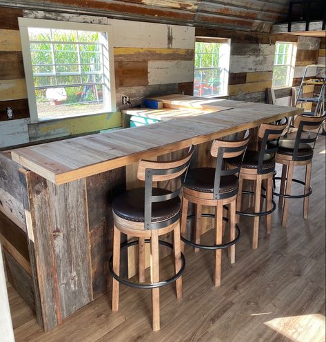 Barn wood bar with reclaimed dairy barn rustic wood Baby Chair, Reclaimed Timber, Custom Bar, L Shape, Bar Table, Barn Wood, Custom Furniture, Cover Photos, Tin