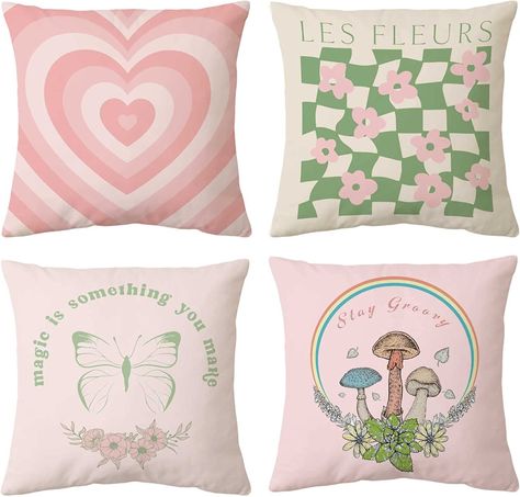 The Pillow, Aesthetic Couch Pillows, Pillow Case Design, Pillow Covers Aesthetic, Cute Bedroom Decor Pink, Green And Pink Bedroom Decor, Cushions For Bedroom, Throw Pillow Design, Cute Aesthetic Pillows