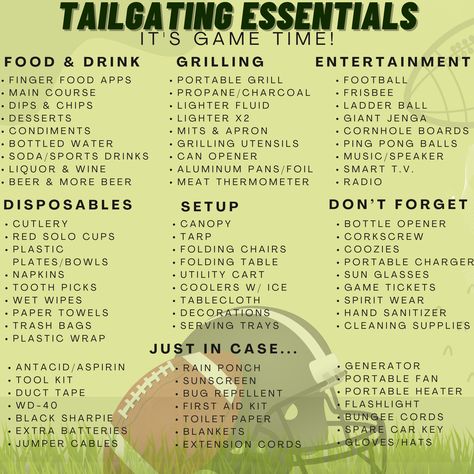 Conquer game day and tailgate like a pro using this list of essential tailgating gear! Tailgating essentials + team spirit = best tailgate EVER! Tailgate List, Tailgate Setup Ideas, Tailgating Hacks, Tailgating Setup, Tailgating Essentials, Football Tailgate Food, College Football Tailgate, Tailgate Party Food, Tailgate Ideas