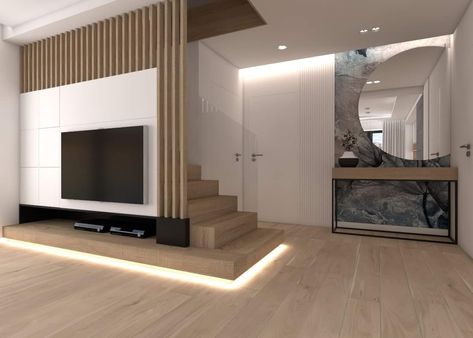 Stairs Behind Wall, Stairs Behind Tv Wall, Tv Staircase Wall, Under Stair Tv Unit Design, Tv Wall Design Under Staircase, Tv On Staircase Wall, Tv Under Stairs Living Room, Tv Under Stairs, Living Room With Stairs Layout