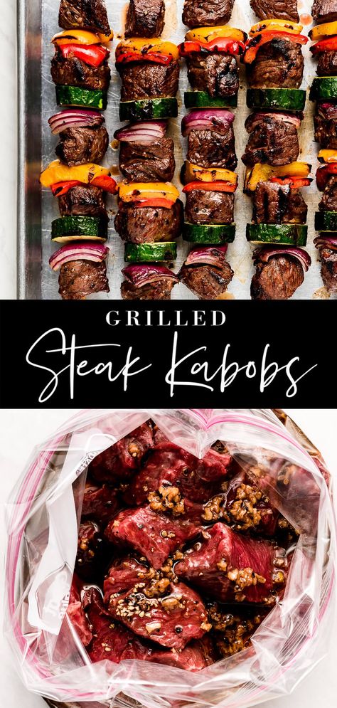 Steak Kabobs are an easy, healthy, and delicious entrée the whole family will love! Tender and juicy sirloin steak is marinated in a flavorful garlic marinade and threaded on skewers with crisp garden vegetables. Steak Marinade For Kebobs, Shrimp Steak Kabobs, Marinated Steak Skewers, Sirloin Beef Steak Recipes, Keto Steak Kabobs, Smoked Shish Kabobs, Meat For Grilling, Meal Prep Grilling, Garlic Butter Steak Kabobs