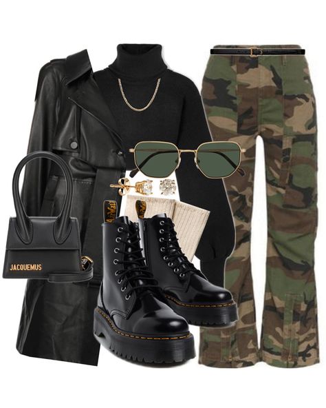 Tomboy Fashion Black Women, Cargo Boots Outfit, Marten Boots Outfits, Army Pants Outfit Black Women, Brown Combat Boot Outfits, Black Outfits For Winter, Fem Tomboy Outfits, Black Combat Boots Outfit Winter, Doc Martens Outfit Black Women