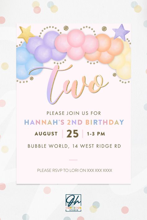 2nd Birthday Party Invitation | Editable Printable Birthday Invitation, Second Birthday, 2 Years Old Watercolour Balloon Birthday Invite 2nd Birthday Invitations Girl, Second Birthday Invitation, Birthday Invitation Card Template, Invitation Background, 2nd Birthday Invitations, Birthday Party Invitation Templates, Baby Girl Birthday, Birthday Invitations Girl, Printable Birthday Invitations