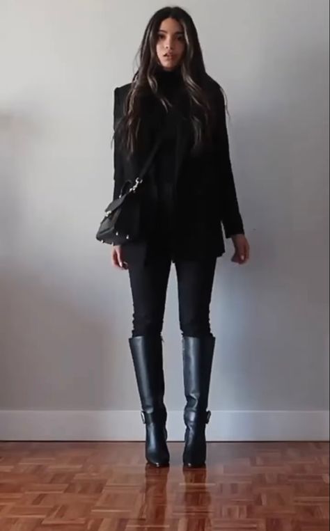 Black Leather Boots Work Outfit, Black Boots Office Outfit, Night Out Winter Outfit Club, Black Boots Outfit Women, Office Boots Outfit, Elegant Date Night Outfit Winter, Black Boots Work Outfit, Tall Black Boots Outfit Winter, Riding Boots Outfit Winter