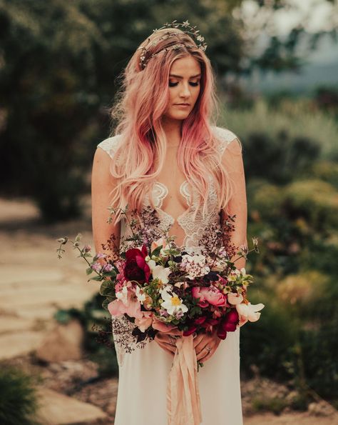 celestial crown Pink Hair Wedding, Celestial Crown, Bohemian Elopement, Starry Wedding, Ojai California, Colored Wedding Dress, Fairy Wedding Dress, Wedding Dress Boutiques, Fairy Wedding