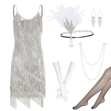 PRICES MAY VARY. The 1920s flapper dress set includes: 1*flapper dress, 1*feather headband, 1*plastic stick, 1 pair of earrings, 1*necklace and 1 pair of gloves. You will get what you see in the main image. Material: Flapper headband - feather, crystal, imitation pearl and elastic band, flapper dress - sequins and high quality polyester fabric, gloves - polyester, plastic stick - plastic, necklace - imitation pearls, earrings - high quality alloy. Size: Gloves-21.65’’, necklace-59’’. The plastic 1920s Showgirl Costumes, Roaring 20s Homecoming Dress, Great Gatsby Theme Outfit, The Great Gatsby Outfit Ideas, Great Gatsby Halloween Costume, 20s Fashion Gatsby, Halloween Costumes Solo Women, 1920s Costume Women, Great Gatsby Party Outfit Women