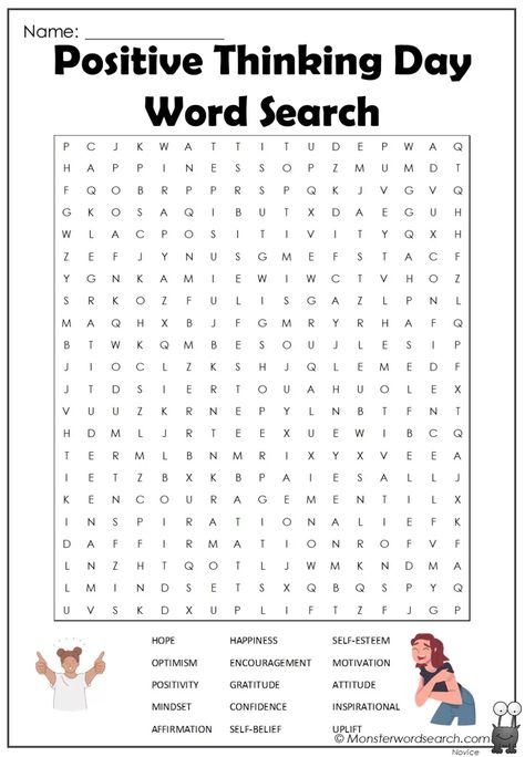 Positive Thinking Day Word Search Word Find Free Printable, Positive Thinking Activities, Free Word Search Printables, Word Search Printables For Adults, Feelings Word Search, Positive Thinking Activities For Kids, Middle School Word Search, Word Search For Adults, Adult Word Search Printables