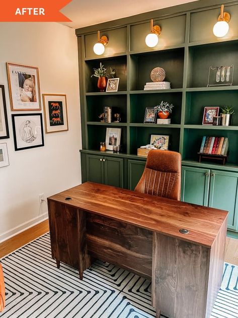 Budget-Friendly Home Office Redo with Green Built-Ins - Before and After Photos | Apartment Therapy Home Office Front Of House, Green Room Ideas Office, Home Office Before And After, Desk In Middle Of Office, Hunter Green Office, Painted Office Furniture, Green Office Ideas, Office Makeover On A Budget, Mid Century Home Office