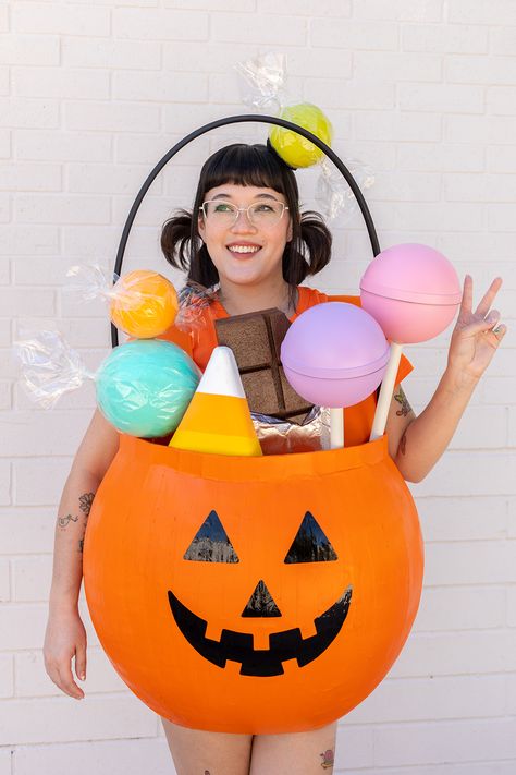 Candy Inspired Costume, Fun Costumes For Teachers, The Best Costumes For Halloween, New Costume Ideas, Candy Necklace Costume, Diy Candy Halloween Costumes, Boo Buckets Ideas, Froot Loops Costume, Diy Jack O Lantern Costume