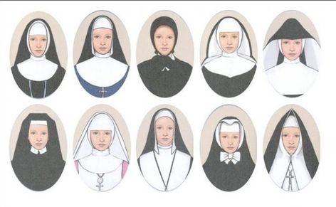 The Nun's habit (varying from year and country) Traditional Nun Outfit, Nun Outfit Drawing Reference, Nun Astethic, Nun Clothes Drawing, Medieval Nun Clothing, Nun Headdress, The Nun Fanart, Nun Outfit Drawing, Nun Core