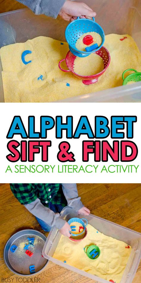 Alphabet Sift and Find - check out this seriously fun and easy toddler activity! It's a combination of literacy and sensory fun - an alphabet learning activity for toddlers and preschoolers. Aktiviti Kanak-kanak, Activity For Toddlers, Alphabet Learning, Easy Toddler Activities, Abc Activities, Toddler Sensory, Teaching Toddlers, Toddler Activity, Preschool Literacy