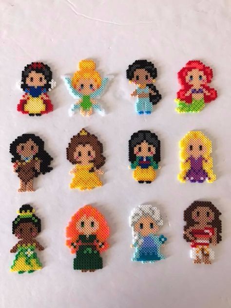 Disney Princesses made out of Pearler Beads #disney #dapperday #disneystyle #disneyfashion #disneybound Disney Art Projects For Kids, Disney Art Projects, Hama Beads Disney, Hamma Beads Ideas, Easy Perler Bead Patterns, Easy Perler Beads Ideas, Fuse Bead Patterns, Art Perle, Art Projects For Kids