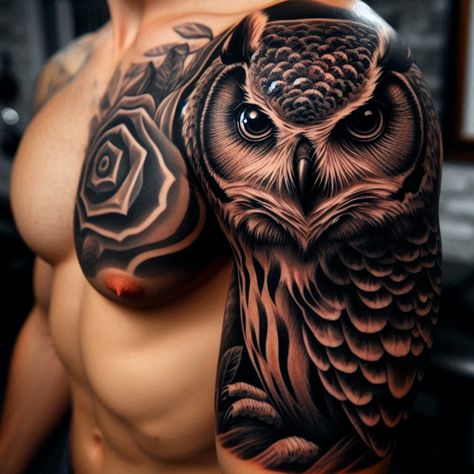 Discover the beauty and symbolism of owl tattoos with these stunning designs that are perfect for any tattoo enthusiast. #ai #tattoo #tattoo_for_woman #tattoo_ideas #tattoo_for_man Owl Shoulder Tattoo Men, Owl Leg Sleeve Tattoo, Half Shoulder Tattoo Men, Owl Tattoos Men, Dark Owl Tattoo, Realistic Owl Tattoo For Women, Owl Sleeve Tattoo, Owl Face Tattoo, Tattoo Ideas Owl