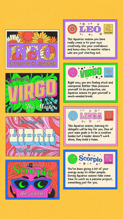 Illustrated postcards of Creative Horoscopes created by Berlin Michelle. The zodiacs featured are Leo, Virgo, Libra, and Scorpio Zodiac Graphic Design, Virgo Illustration, Famous Art Paintings, Poster Grafico, Presentation Slides Design, Slides Design, Collage Art Projects, Scorpio Moon, Zodiac Posts