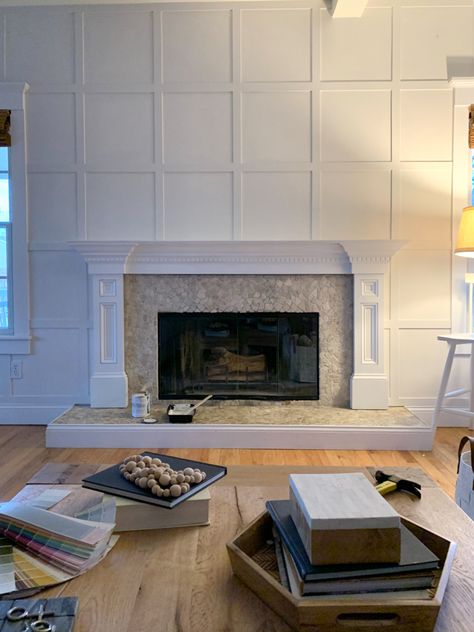 Batten Board Square Grid Wall Accent Wall Around Fireplace, Wall Around Fireplace, Batten Board, Fireplace Accent Walls, Grid Wall, City Farmhouse, Board And Batten Wall, Square Grid, Accent Wall Bedroom