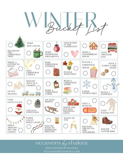 Winter Bucket List Aesthetic, January Bucket List, December Bucket List, Christmas Bucket List Printable, Calm Soul, Winter Dates, Winter Checklist, Christmas Checklist, Year Challenge