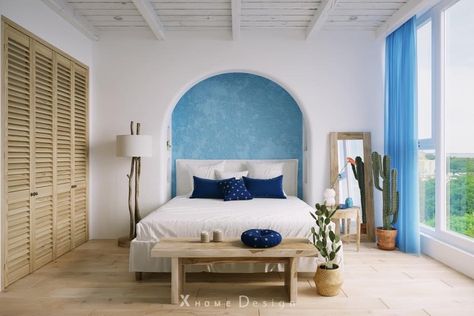 Greek Bedroom, Greek Interior Design, Themed Hotel Rooms, Greece House, Mediterranean Interior Design, Greek Decor, Interior Construction, Mediterranean Interior, Beach House Interior Design