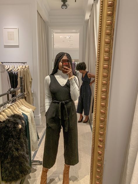 black jumpsuit - jumpsuit - turtleneck - Jumpsuit Over Turtleneck, Jumpsuits In Winter How To Wear, Jumpsuit Turtleneck Outfit, Overalls Professional Outfit, Cloth Jumpsuit Outfit, Formal Photographer Outfit, Layered Jumpsuit Outfit Fall, Teacher Outfits Jumpsuit, Jumpsuits In Winter