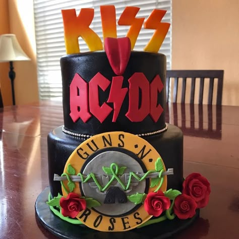 Def Leppard Birthday Party, Rock And Roll Cakes Ideas, 80s Rock Birthday Cake, Rock N Roll Cake Ideas, Rock Band Birthday Party Ideas, Rock Themed Cake, Classic Rock Theme Party, Rock Band Cake, Born To Rock Birthday Cake