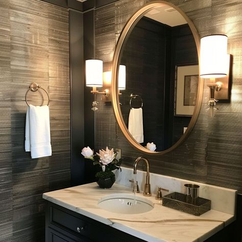 51 Astonishing Powder Room Ideas - Rhythm of the Home Powder Room With Window Ideas, Powder Room With Black Walls, Long Narrow Powder Room Ideas, Small Half Bath Wallpaper Ideas, Moody Small Powder Room, Powder Room Dark Walls, Designer Powder Rooms, Moody Powder Rooms, Powder Room Ideas Moody